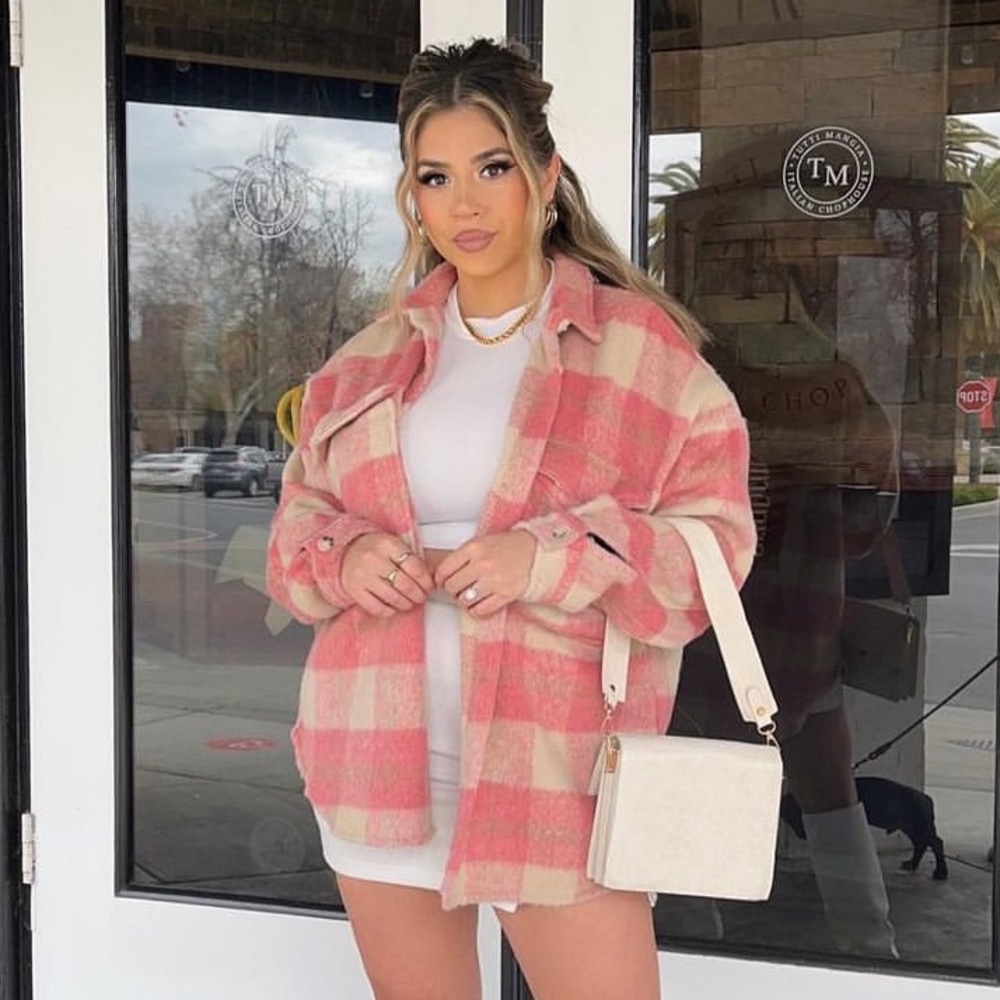 Miss Lola, pink and cream flannel shacket size medium